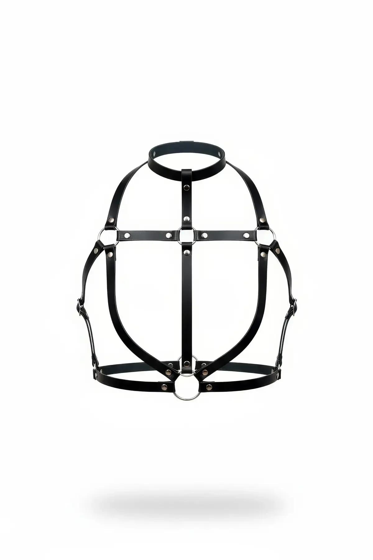 siyah vegan deri vücut harness boyunluk çapraz kafes kayış gümüş O-ring metal toka aksesuarı