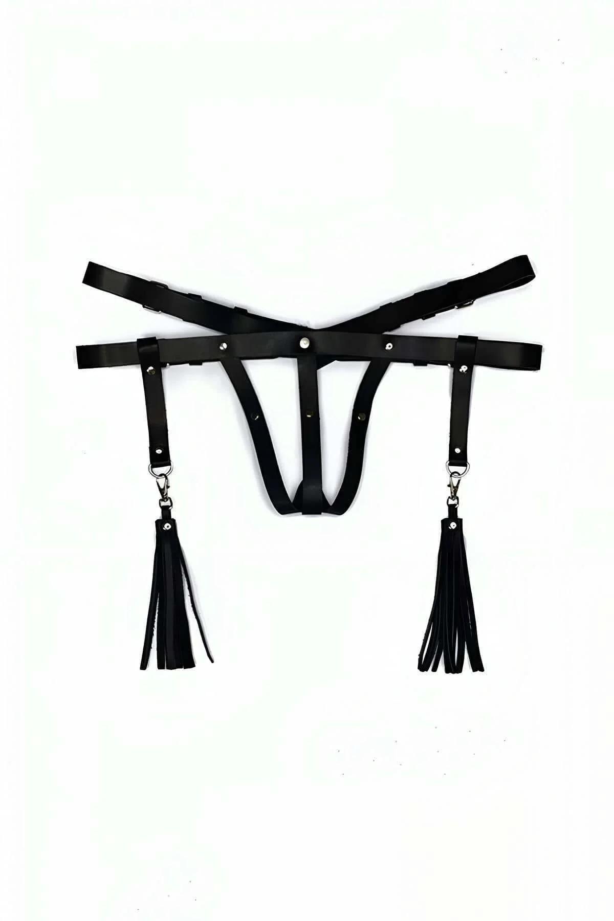 black faux leather lower body harness cross-strap V-shape with two detachable faux leather fringe tassels on silver D-ring cl