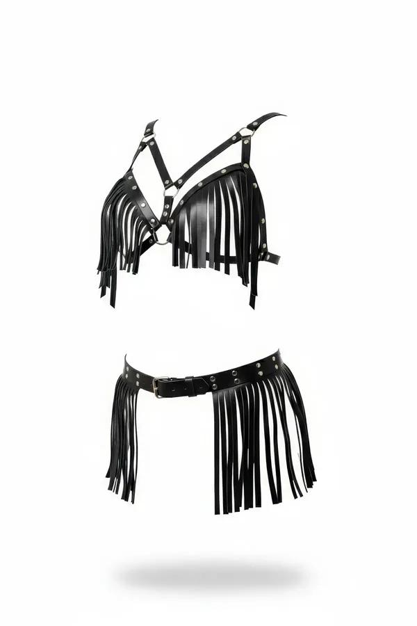 Siyah vegan deri püsküllü zımbalı bel kemeri ve harness seti gümüş metal halka detay