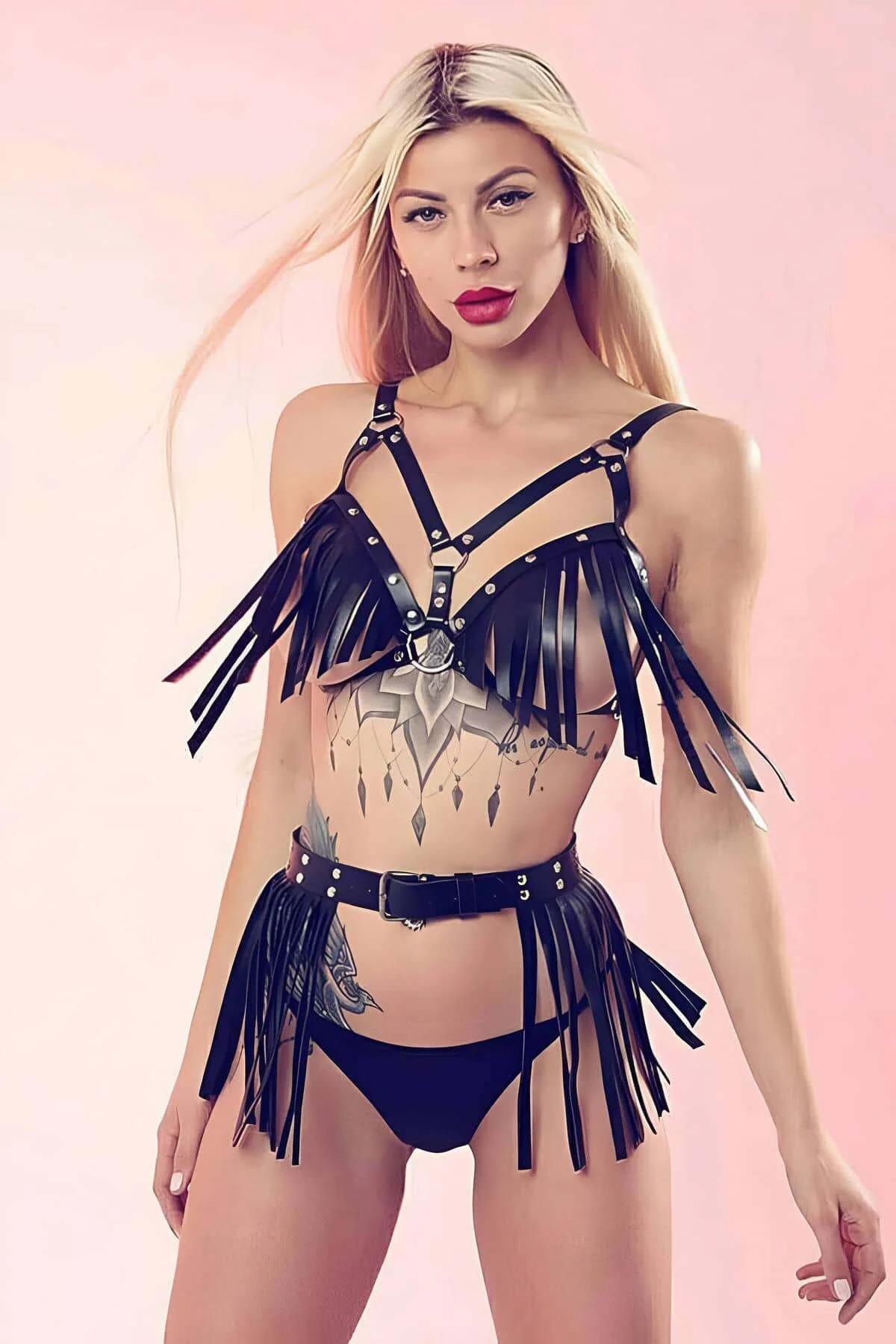 Black faux leather fringe harness bra and belt set with silver O-ring studs and long fringe tassels