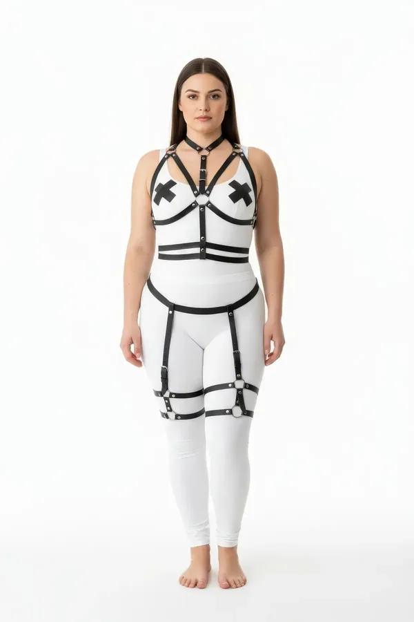 black faux leather full body harness with neck collar caged chest straps and detachable thigh garter straps