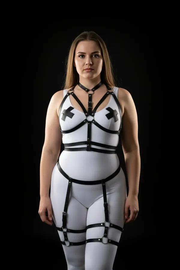 black faux leather full body harness with neck collar caged chest straps and detachable thigh garter straps