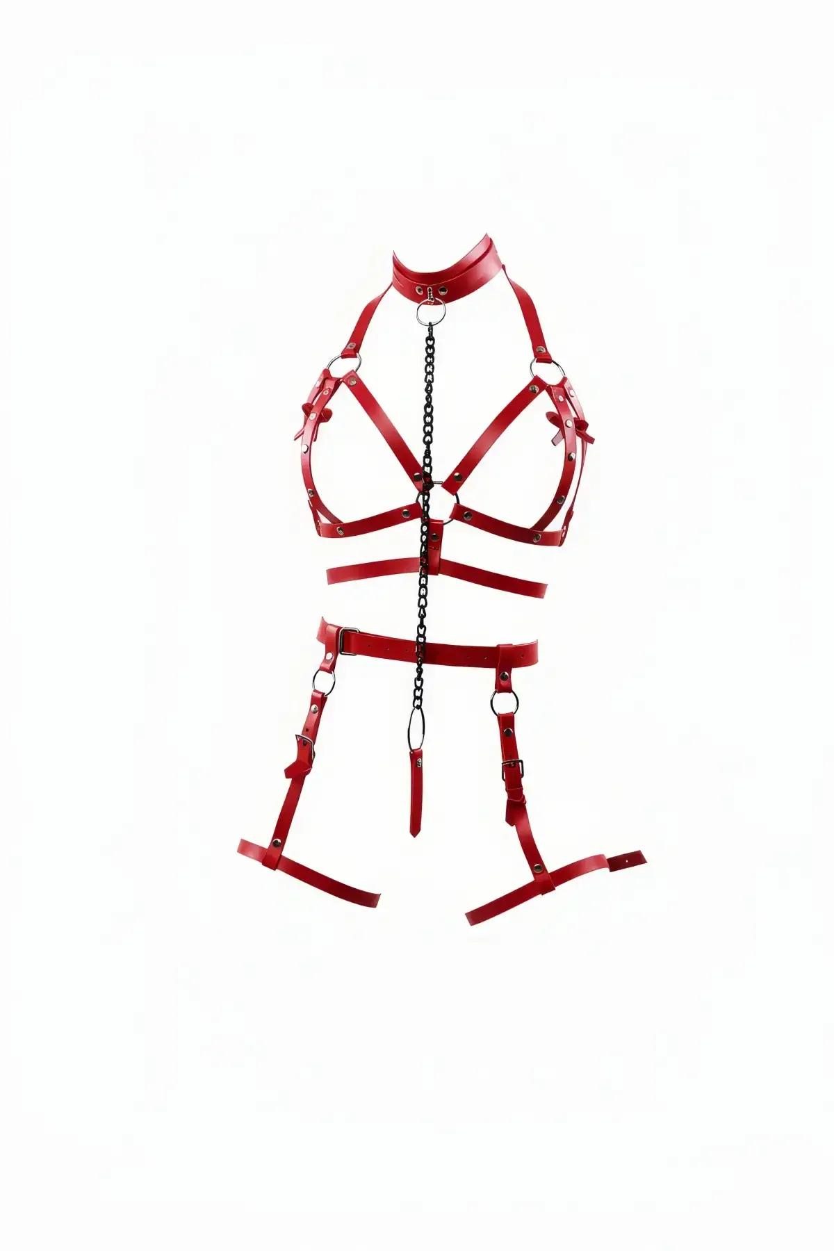 kırmızı vegan deri vücut harness takımı siyah metal zincir ve jartiyer bantlı tam set