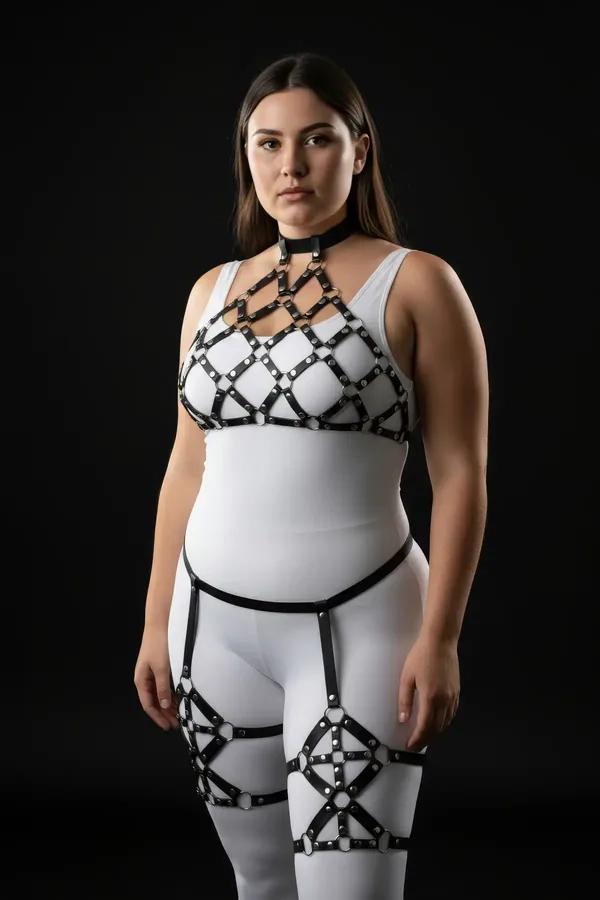 Black faux leather caged full body harness set with diamond chest cage, choker, and caged thigh garters worn over white base