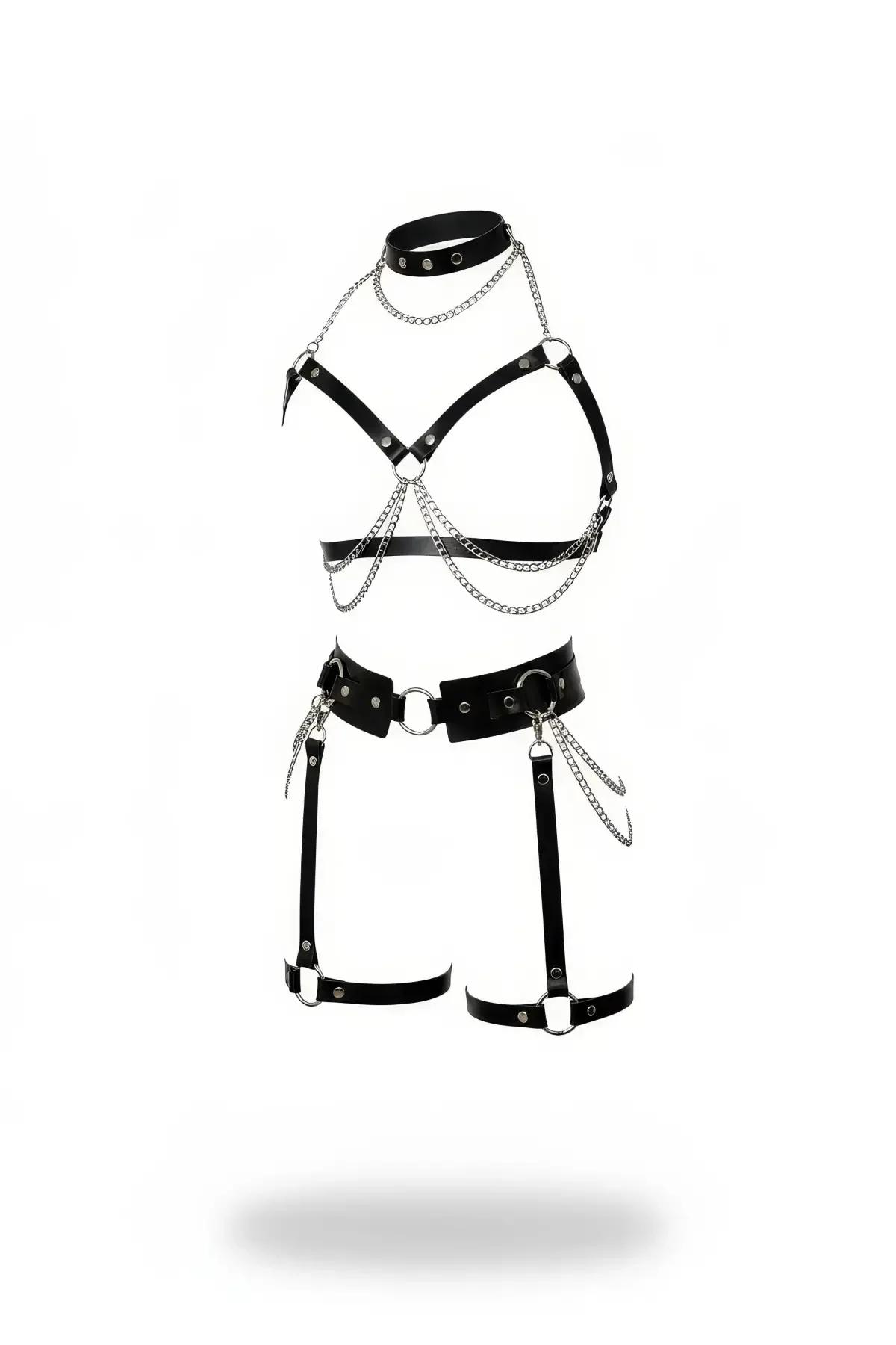 Siyah vegan deri harness takım seti gümüş zincir detaylı yüksek yaka choker göğüs harness bel kemeri jartiyer askısı
