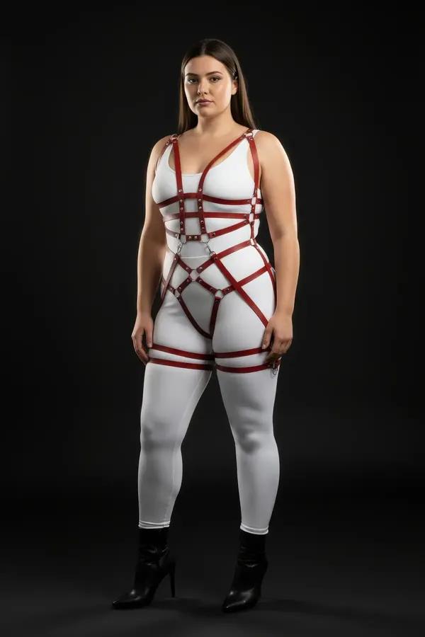 Claret red full body harness with silver O-rings and double thigh straps worn over white bodysuit, front view