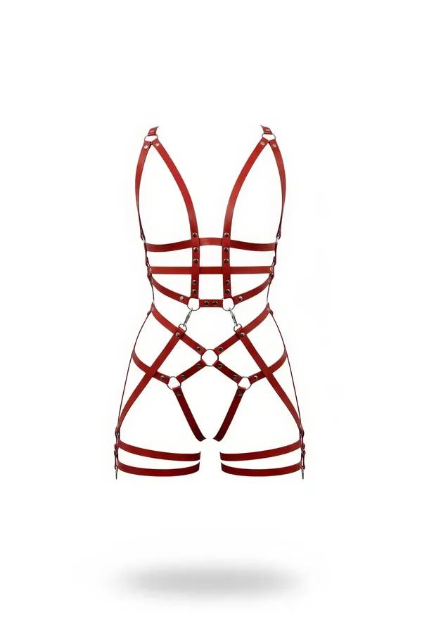 red faux leather full body cage harness with silver O-rings and rivet details front view