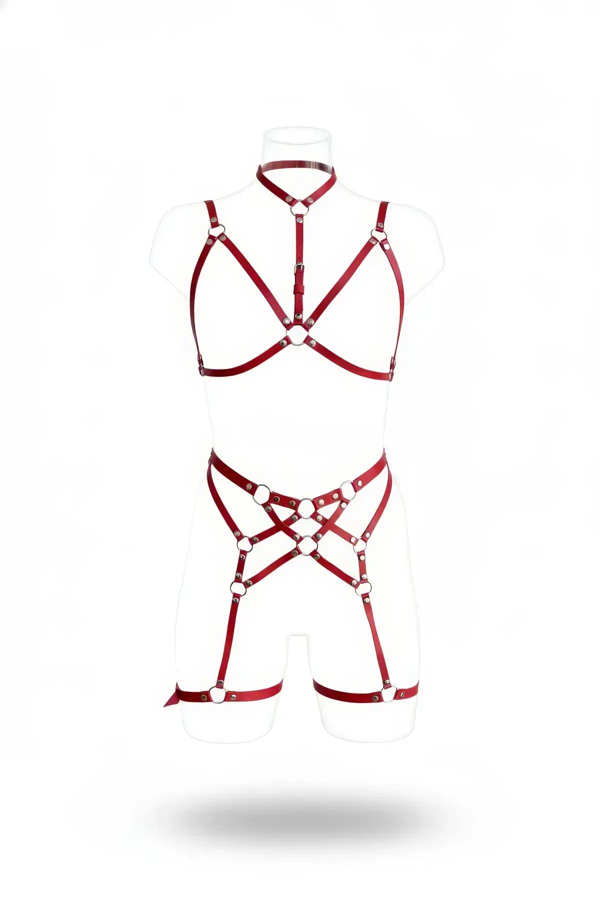 burgundy faux leather caged body harness and garter set with silver O-rings and thigh bands on white background