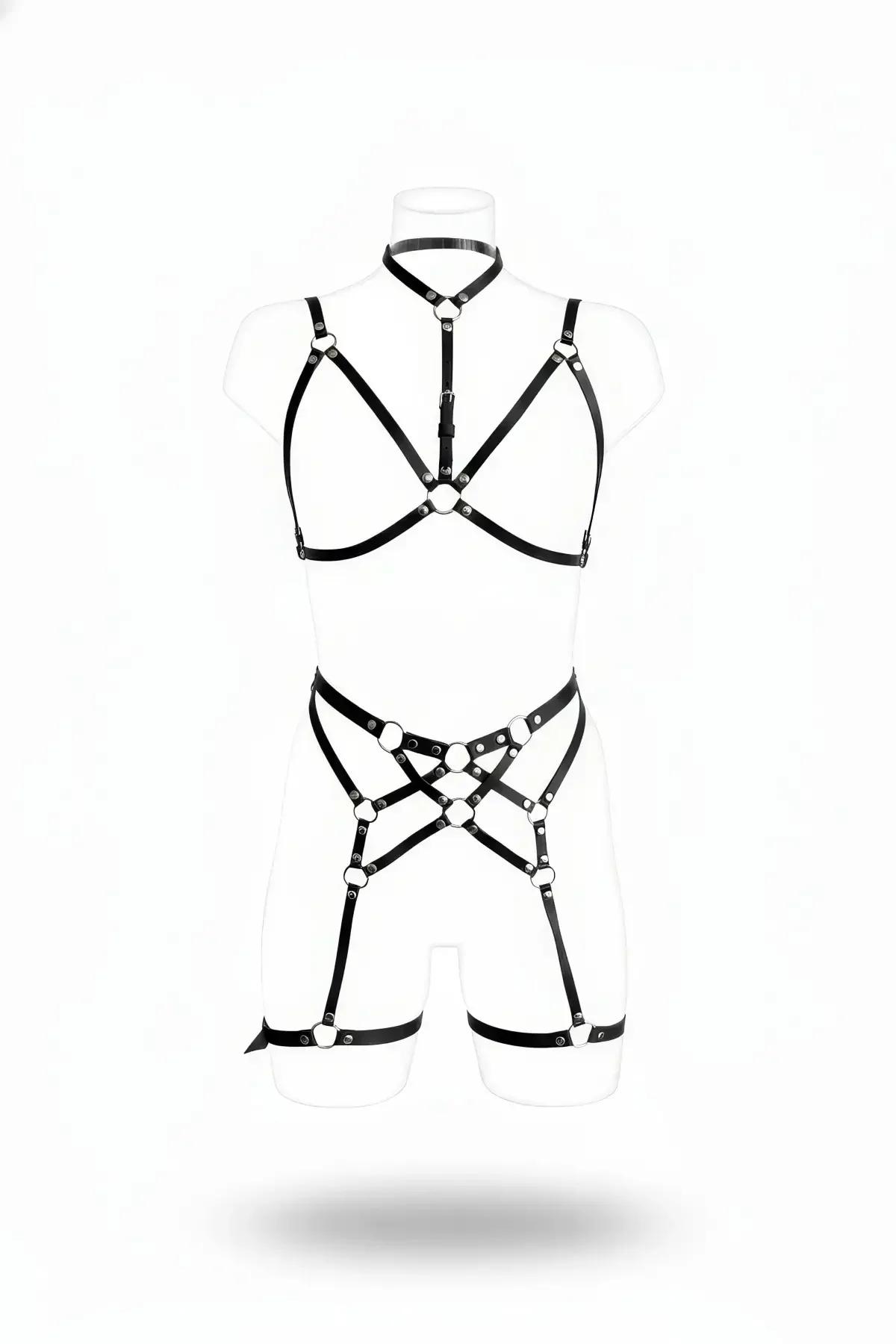 black faux leather full body harness set with silver O-rings bra cage and leg garter straps front view