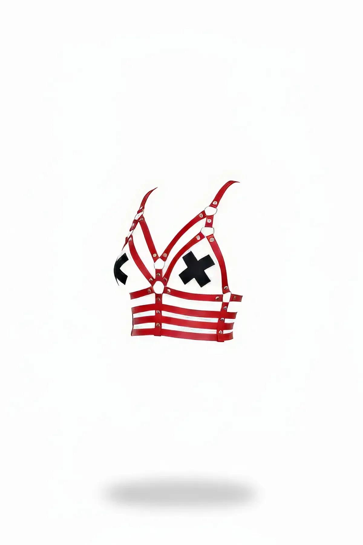 Red faux leather bustier harness with black X appliques, gold O-rings, and three horizontal midriff bands