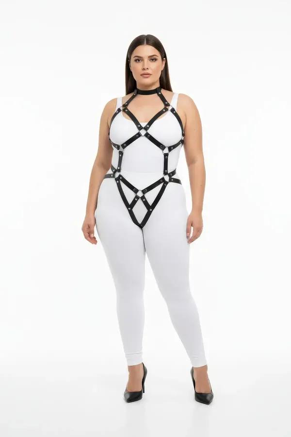 black faux leather adjustable o-ring body harness with geometric cage chest and hip straps on plus-size model