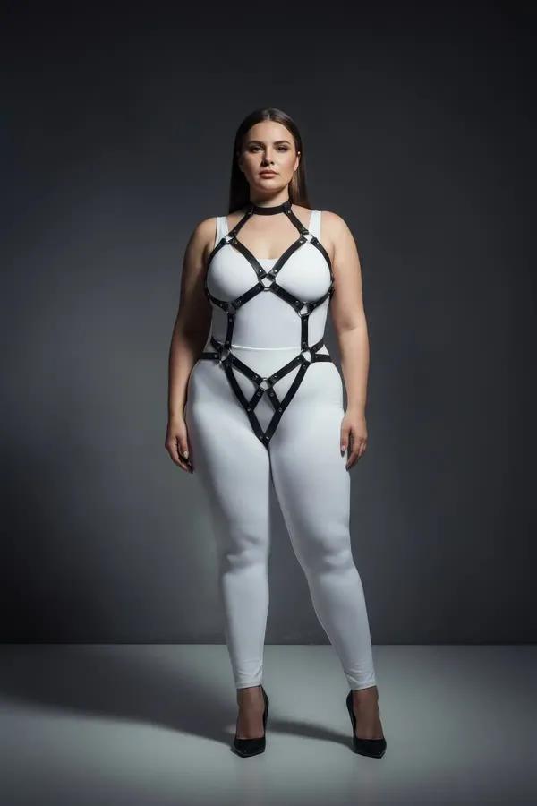 black faux leather adjustable o-ring body harness with geometric cage chest and hip straps on plus-size model
