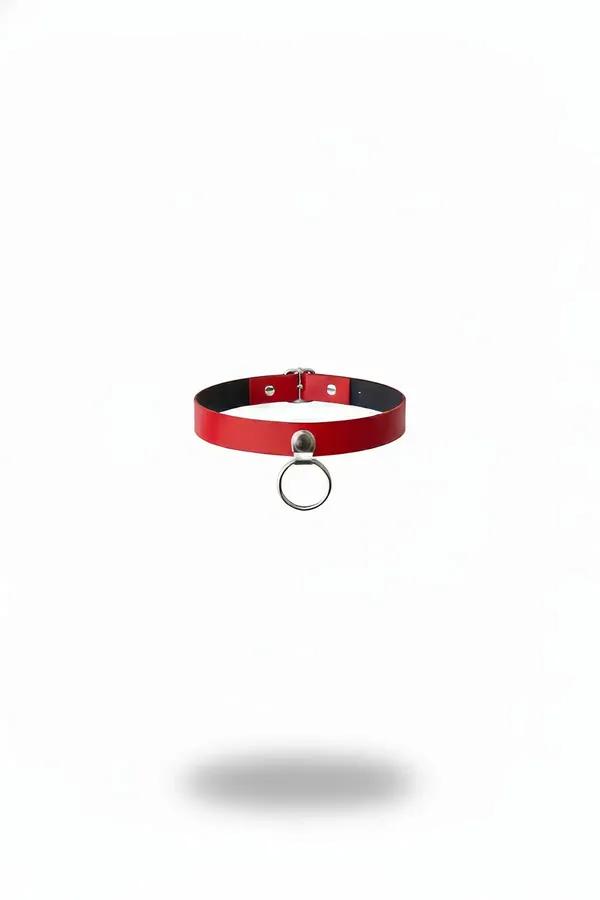 kırmızı suni deri choker gerdanlık gümüş metal O-halka ve perçin detaylı 1,5 cm şerit