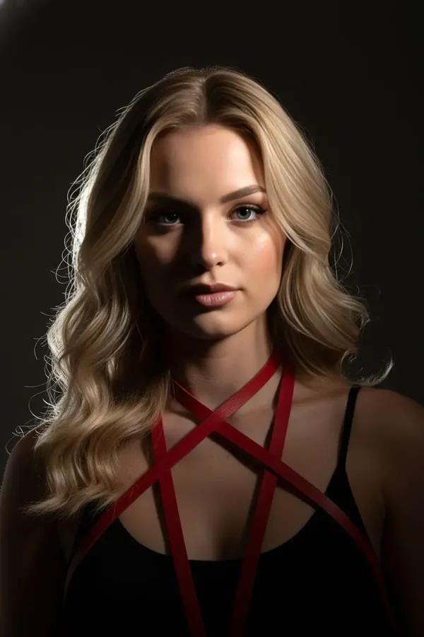 red faux leather harness bra with criss-cross halter straps and detachable silver-tone chains worn over white bodysuit