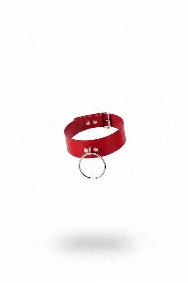 Red faux leather choker with silver O-ring front detail and side pin buckle closure on white background