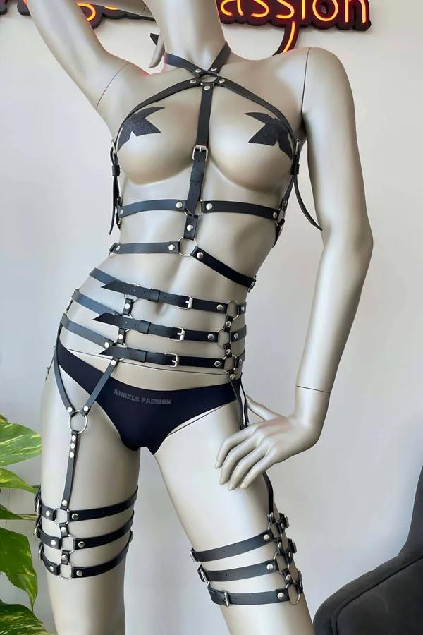 siyah vegan deri tam vücut jartiyer harness takımı gümüş tokalar ve bacak şeritleri