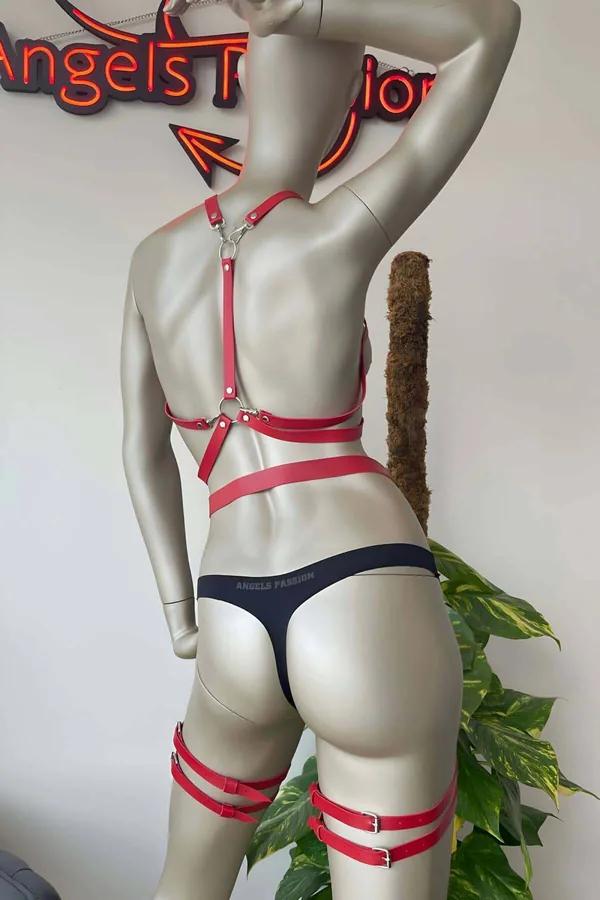 kırmızı vegan deri jartiyer harness takım gümüş O-ring ve metal perçinli 3 parça set
