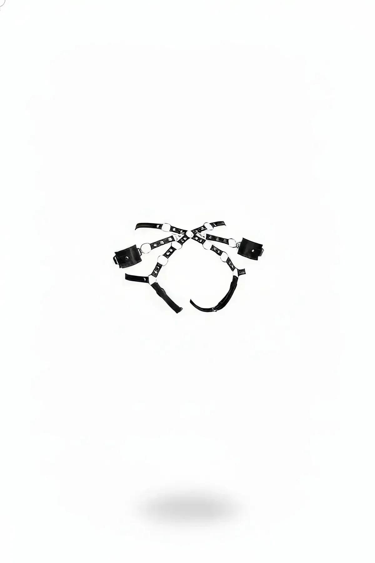 siyah vegan deri harness takım gümüş metal O-halkalar ve bilek bantlı çapraz strap set