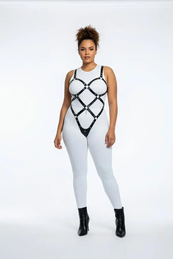 black faux leather full body harness with diamond crisscross straps silver stud hardware and detachable chain