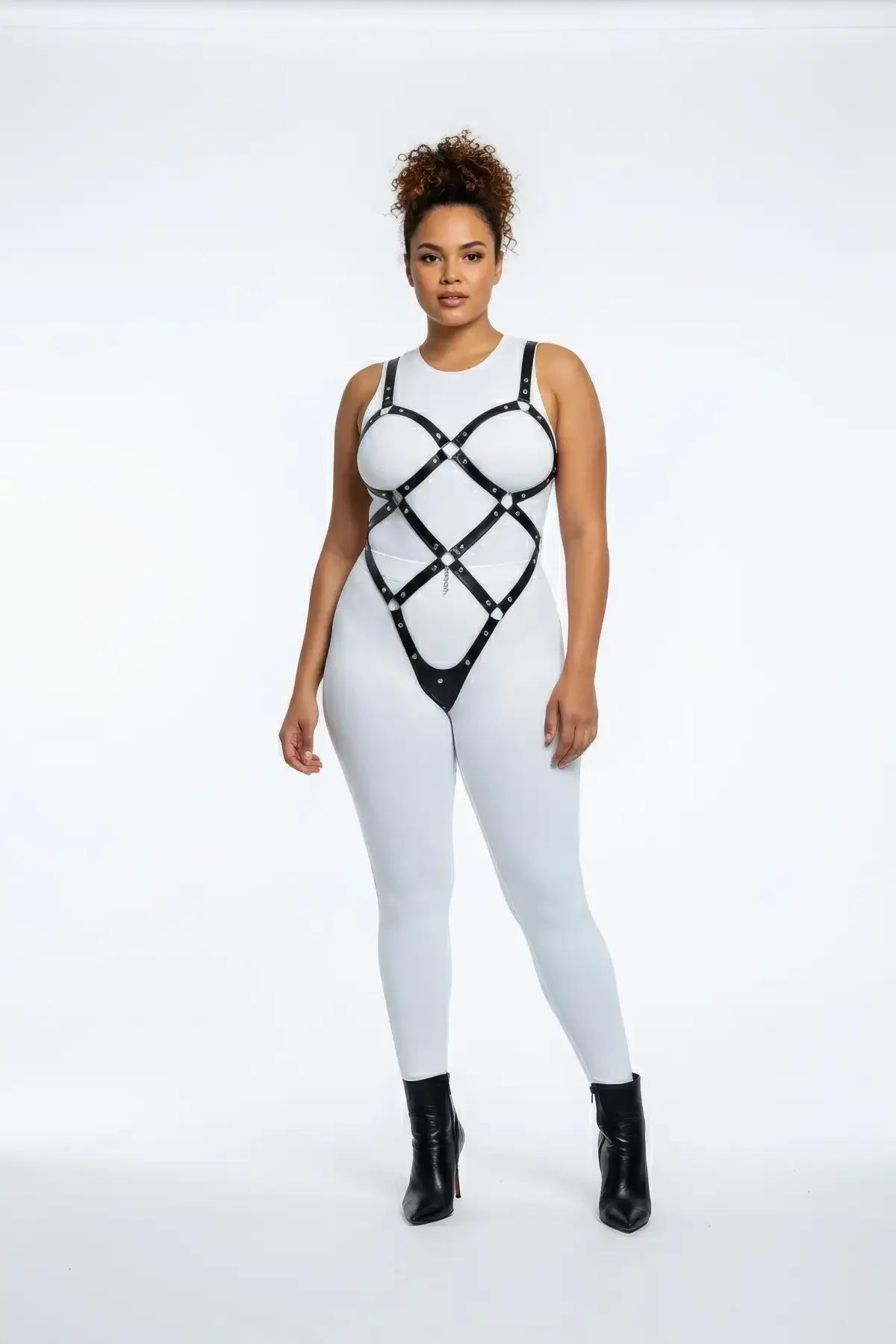 black faux leather full body harness with diamond crisscross straps silver stud hardware and detachable chain