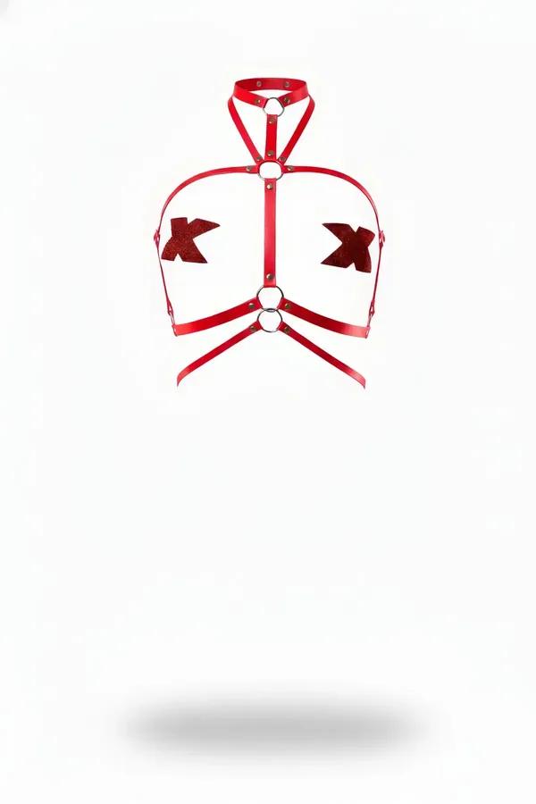 red faux leather X-shape bust harness with choker collar and silver O-rings front view