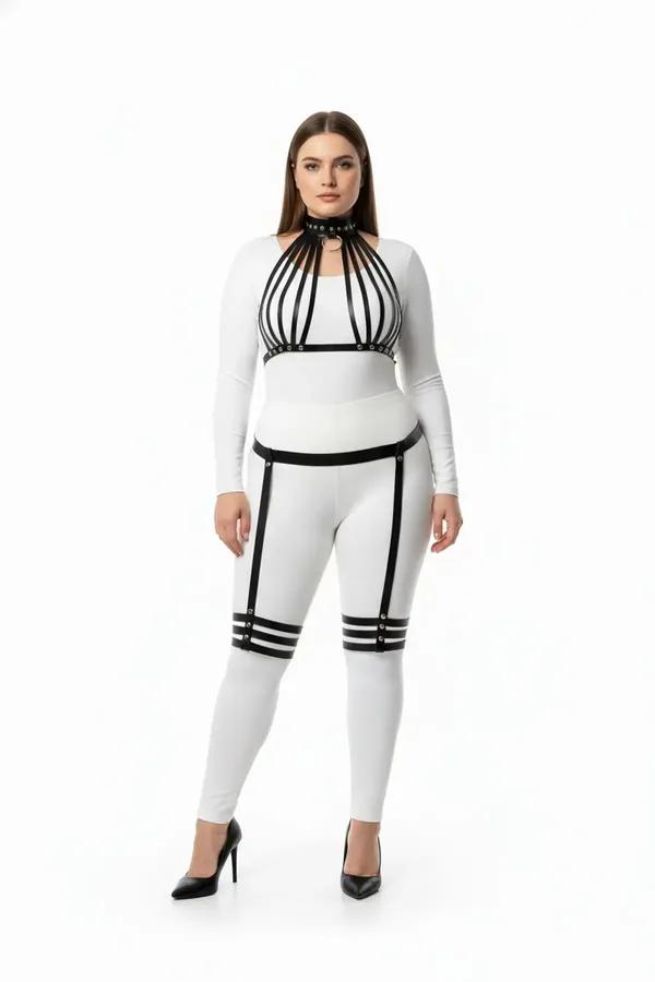 büyük beden siyah vegan deri kafes harness takım gümüş metal halkalı jartiyerli uyluk bantlı