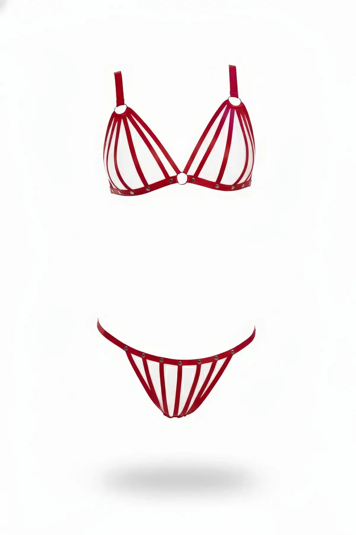 kırmızı bantlı harness sütyen külot takım gümüş metal O-halka ve perçin detaylar