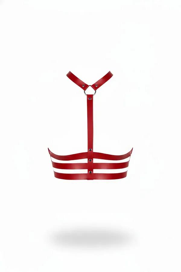 Red faux leather underbust harness with triple chest straps and silver O-ring Y-neck detail, front view
