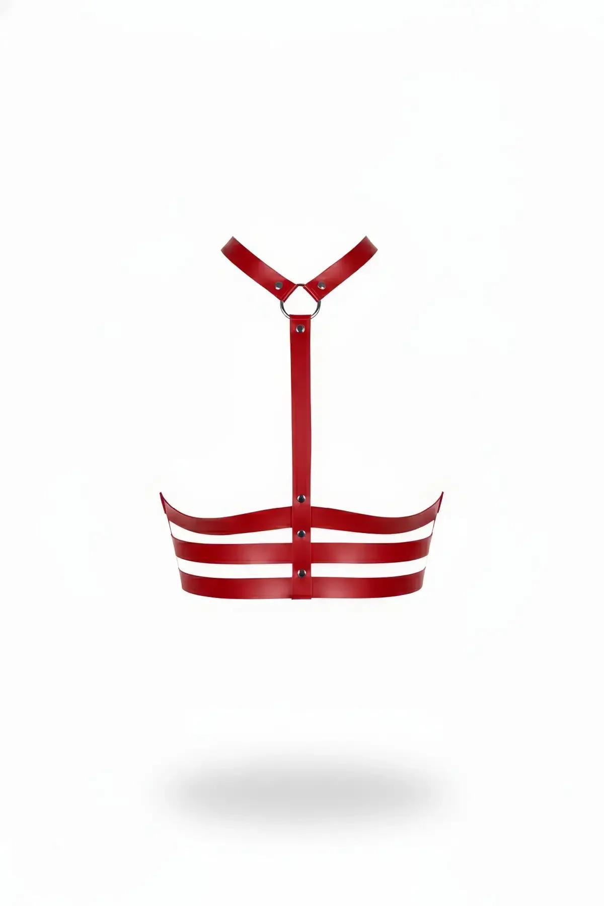 Red faux leather underbust harness with three horizontal chest bands, Y-shaped neck strap, and silver O-ring center detail