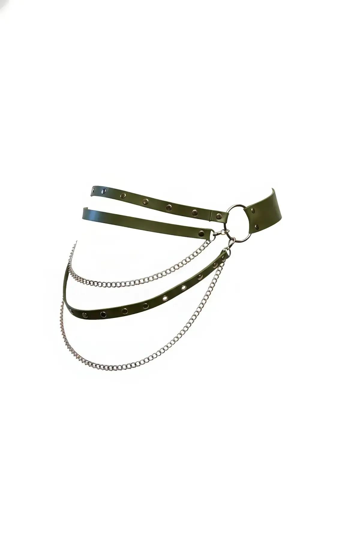 Olive green faux leather waist harness with silver O-ring and three layered draped chains, dual eyelet straps