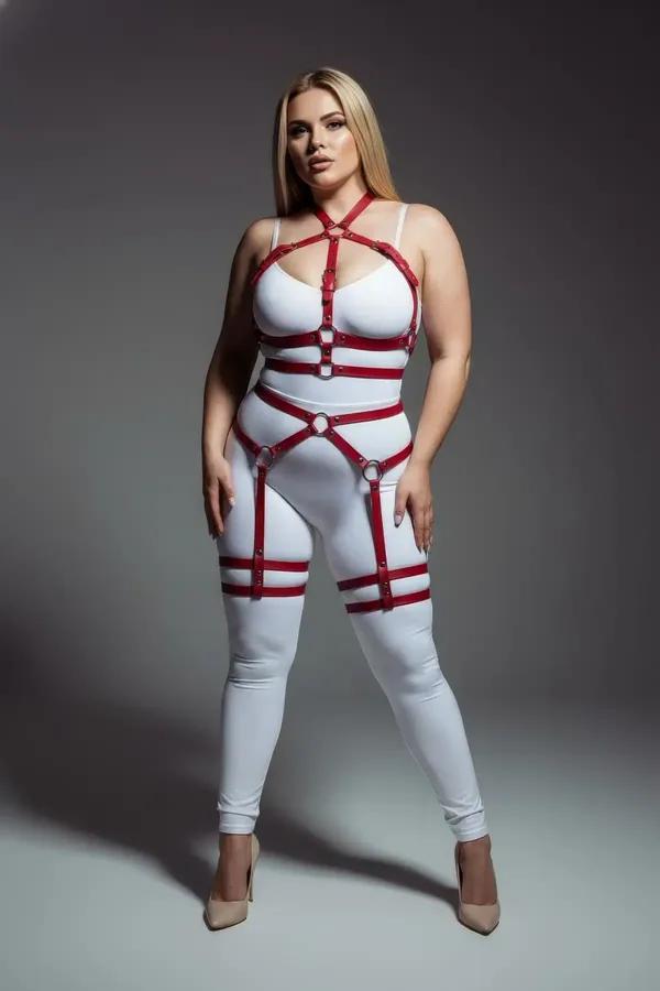 red vegan leather full body harness with silver O-rings and adjustable thigh garter straps on plus-size model