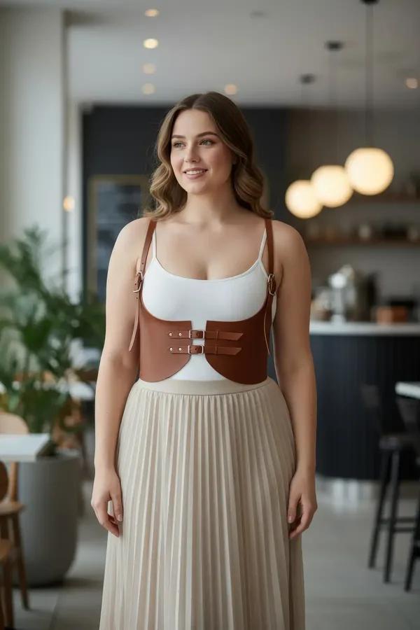büyük beden taba vegan deri askılı korse kemer çift toka kapatmalı bel aksesuar