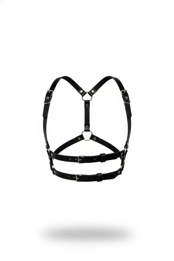 Black faux leather chest harness with silver O-rings and four buckles, double shoulder straps converging at center chest