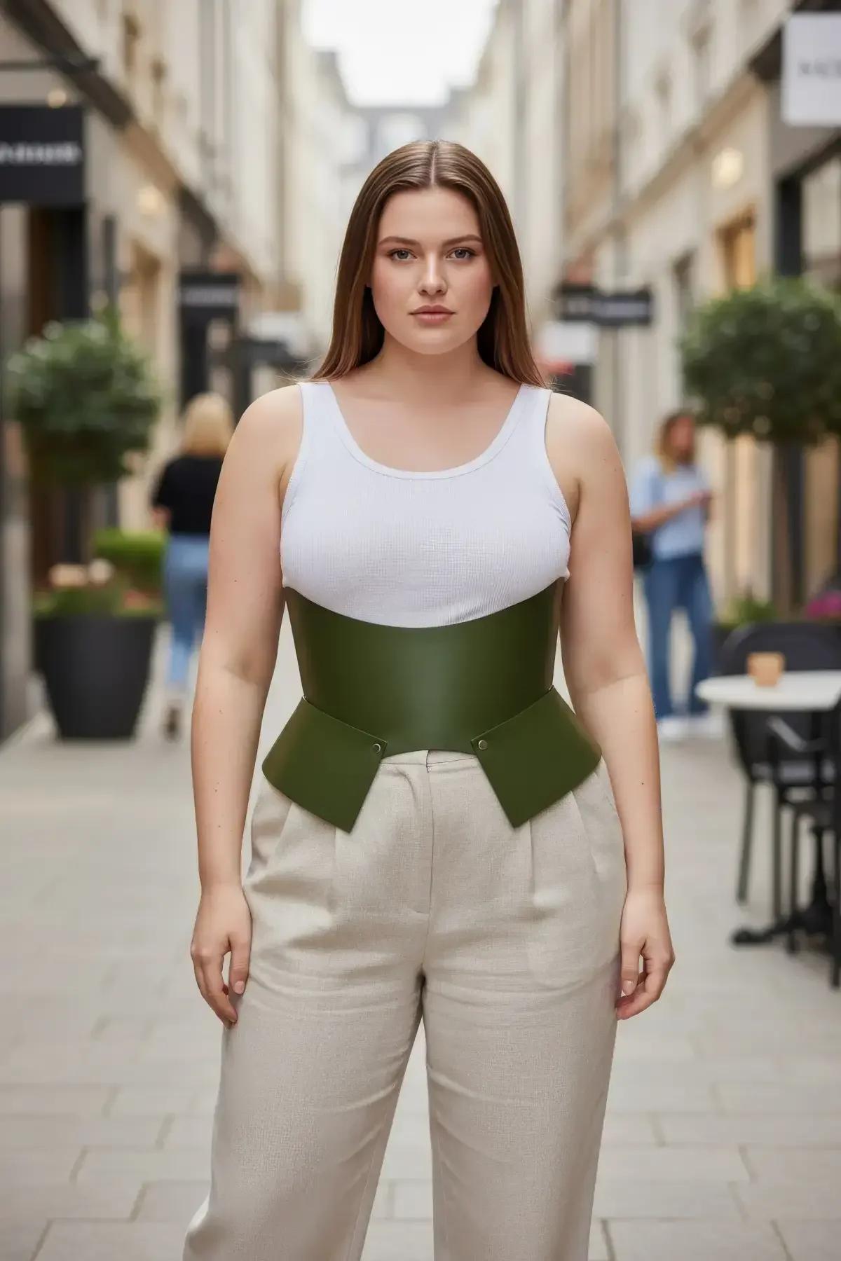 olive green wide faux leather corset belt with structured peplum hem worn over white tank and beige trousers