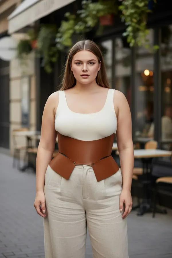 büyük beden taba vegan deri korse kemer geniş bel şekillendirici altın toka detaylı