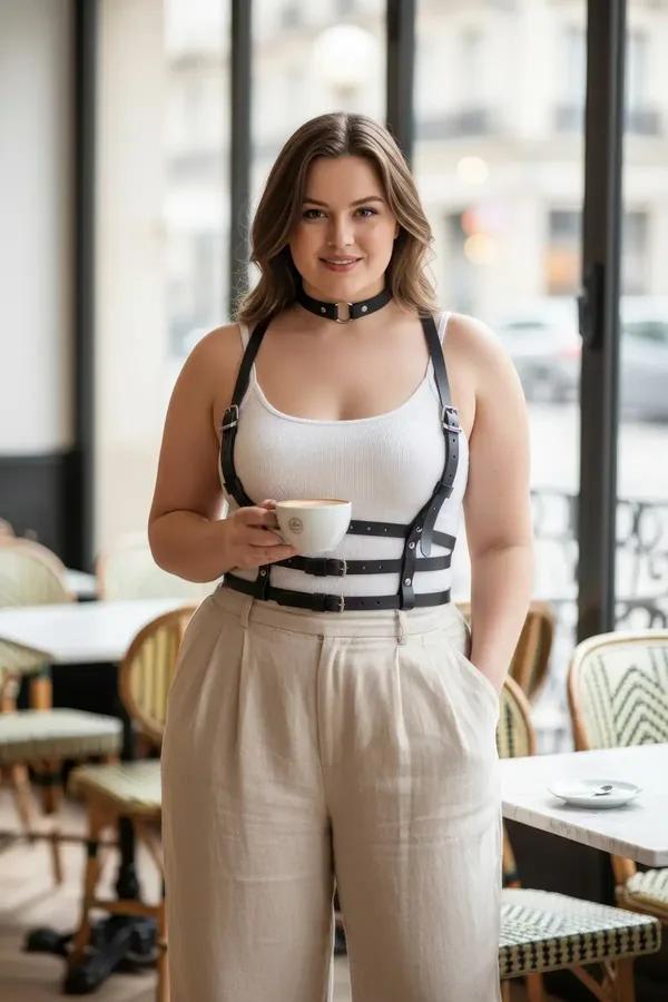 siyah vegan deri büyük beden harness korse kemer tarzı vücut aksesuarı gümüş toka ve choker detaylı