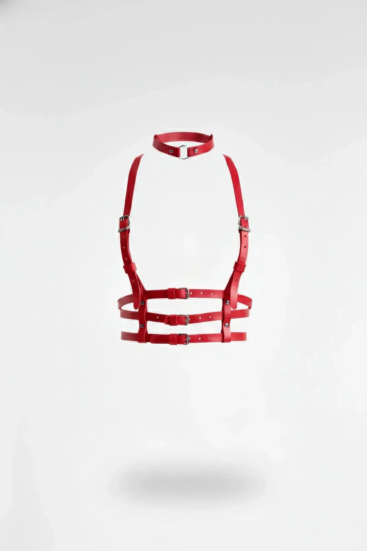 Red faux leather multi-strap body harness with matching choker, silver rectangular buckles, three horizontal waist bands
