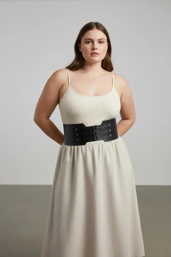 büyük beden siyah vegan deri geniş korse kemer üç metal tokalı bel kemeri plus size model