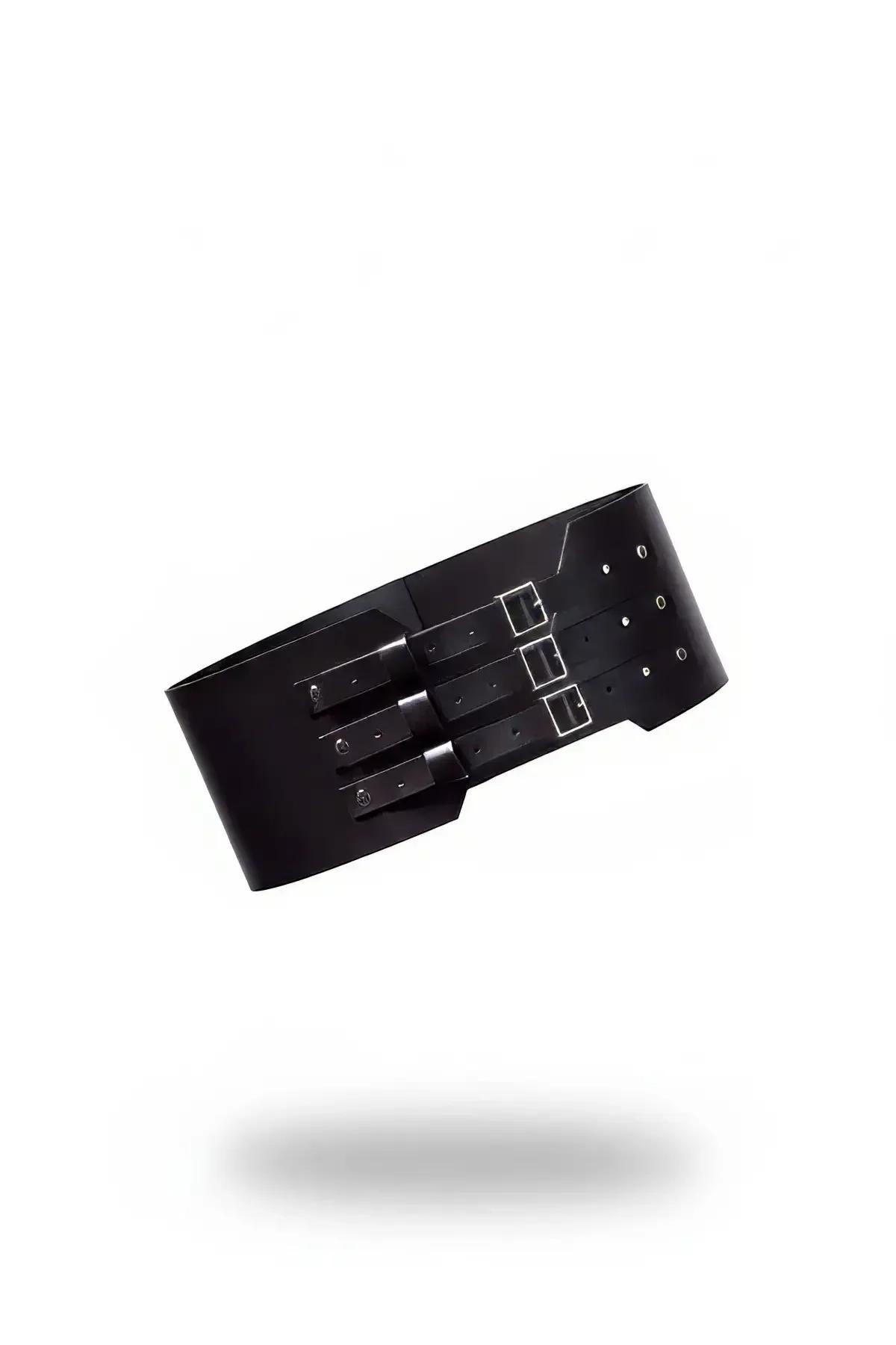 Wide black faux leather underbust belt with three stacked silver square-frame buckles and punched eyelet adjustment row