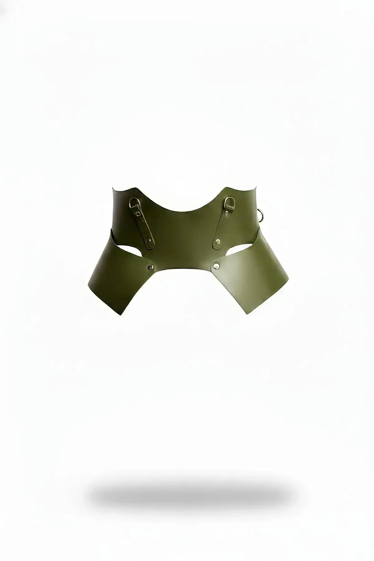 Olive green structured faux leather waist harness with four silver D-rings and architectural side cutouts, matte finish
