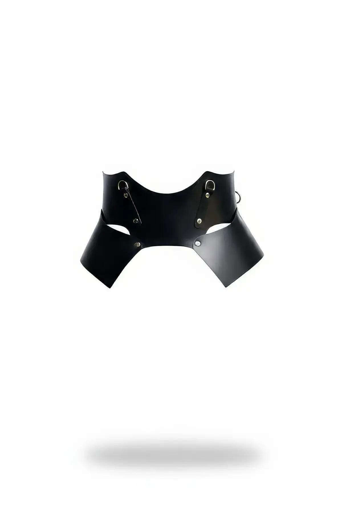 Black faux leather wide panel waist harness with silver D-rings and rivet stud closures on white background