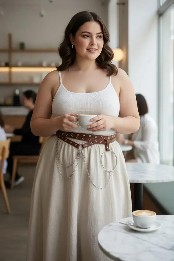 Brown faux leather waist harness belt with silver grommets draped chains and O-ring worn over white top and cream maxi skirt