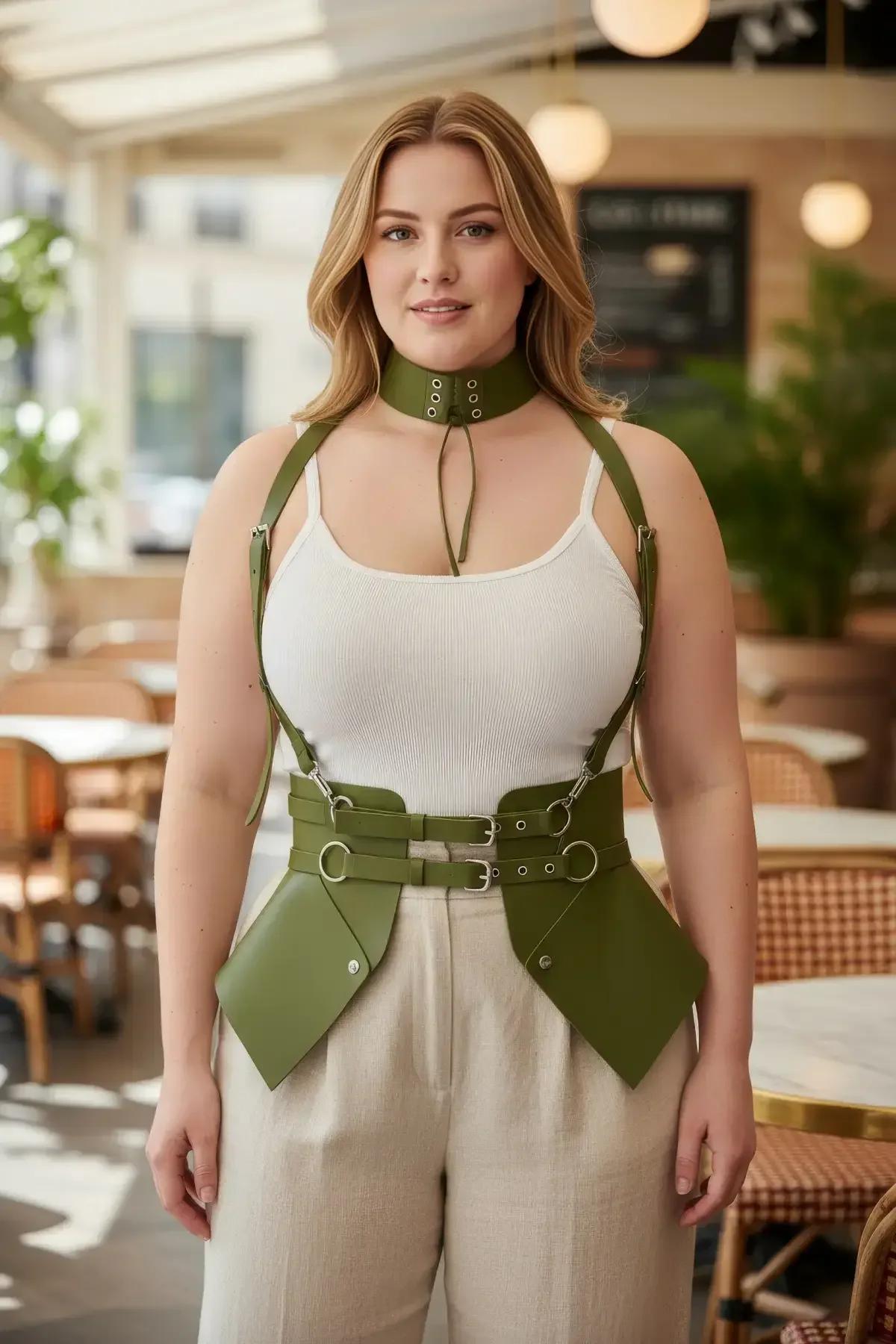 olive green faux leather angular waspie corset harness with geometric front panels silver O-rings and matching choker set wor