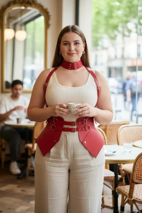 kırmızı vegan deri korse harness büyük beden, gümüş O-ring ve choker detaylı omuz askılı kemer