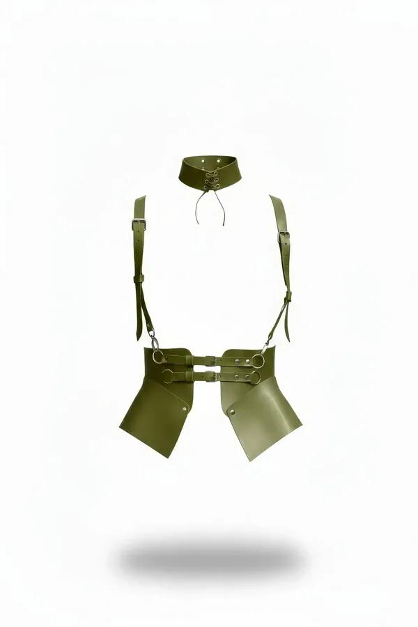 olive faux leather corset harness with angular hip panels, dual O-ring buckles, and matching lace-up choker
