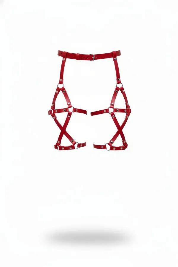 Red faux leather thigh harness with X-cross cage straps, silver O-rings and adjustable waist belt, front view