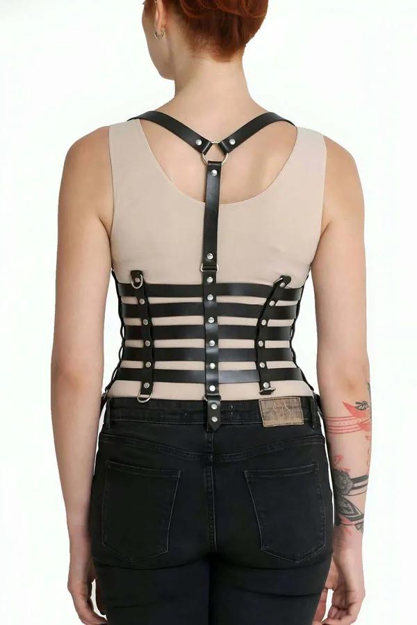 Siyah vegan deri beşli kayışlı göğüs harness gümüş metal toka korse tasarım