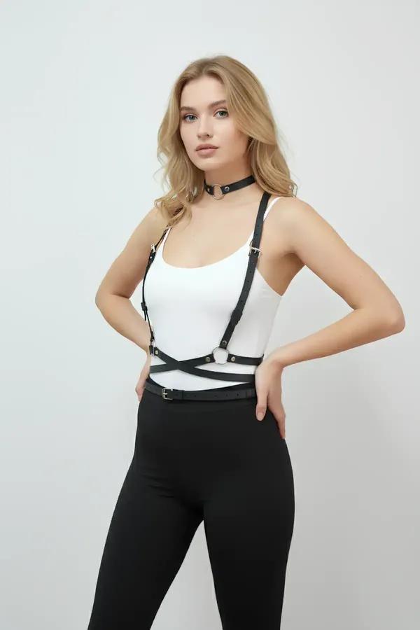 siyah vegan deri ayarlanabilir body harness choker O-ring bel kemeri kadın