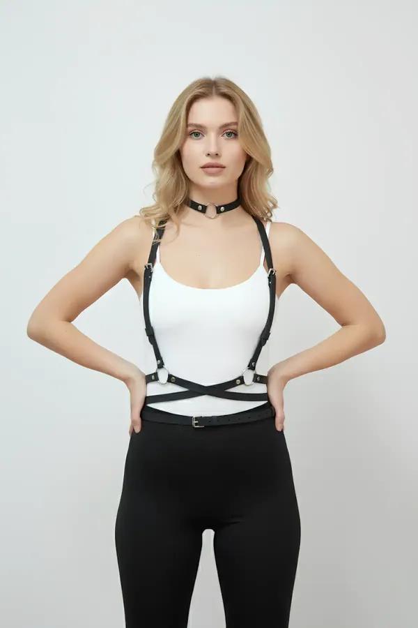 siyah vegan deri ayarlanabilir body harness choker O-ring bel kemeri kadın