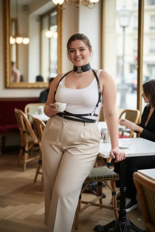 büyük beden siyah vegan deri harness altın O-halkalı choker ve bel kemeri kadın üzerinde
